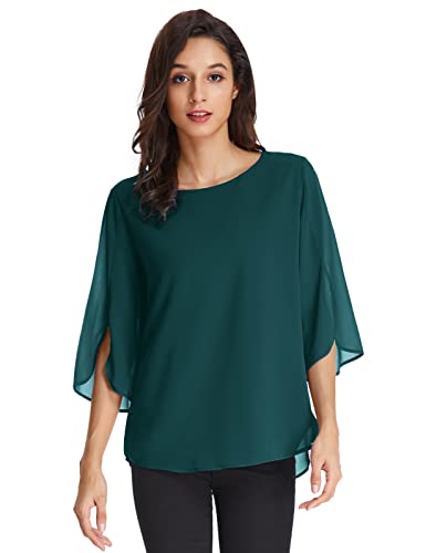 GRACE KARIN Damen Chiffon Bluse Langarm Rundhals Oberteile Langarmshirt Casual Elegant Tops M Grau-Dunkelgrün CLAF15-50 von GRACE KARIN