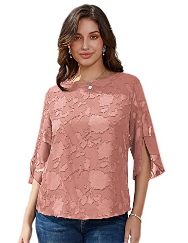 GRACE KARIN Damen Chiffon Bluse Langarm Rundhals Oberteile Langarmshirt Casual Elegant Tops M Orange-Rosa Blume CLAF15-53 von GRACE KARIN