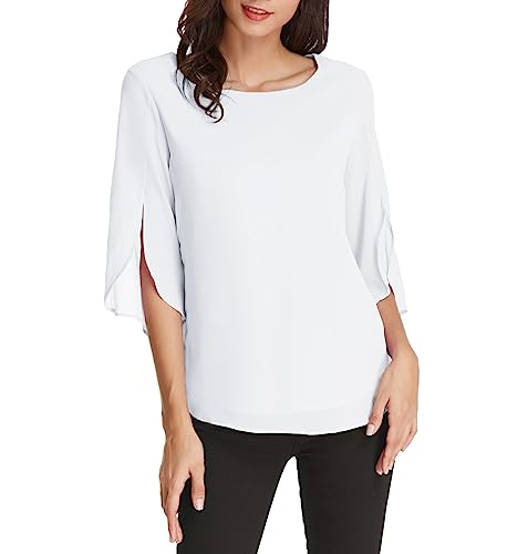 GRACE KARIN Damen Chiffon Bluse Langarm Rundhals Oberteile Langarmshirt Casual Elegant Tops M Weiss CLAF15-17 von GRACE KARIN