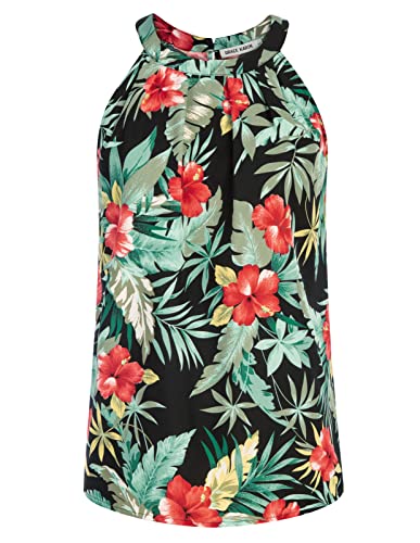 Damen Neckholder Top Chiffon Bluse Loose Fit Top Damen Sommer Tops Elegant Ärmellose Oberteile Neckholder Oberteile Schwarz-Rote Blume S CL1104S22-08 von GRACE KARIN