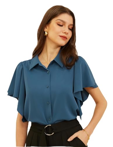 Damen Chiffon Bluse Puff Tops Kurzarm Vintage Elegant Tops T-Shirt L Blau Grau von GRACE KARIN