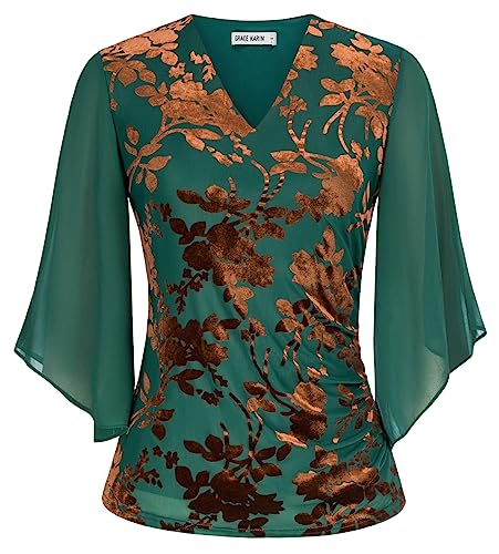 Damen Chiffon Bluse V-Ausschnitt Lose Fledermaus Bluse Blumendruck Elegant Shirt mit Umhang Ärmel Tops M Grün Samt von GRACE KARIN