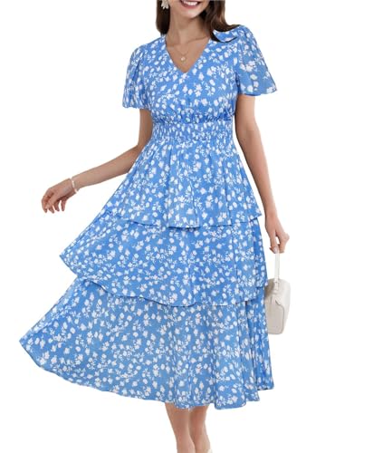 Damen Chiffon Glamouröses Partykleod Casual Alltag A-Linie Langes Kleid Elastikbund Seitenschlitz Freizeitkleider M Weiße Blumen-Blaue von GRACE KARIN