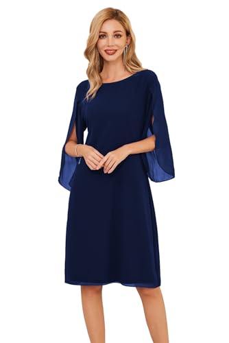 Damen Chiffon Kleid 3/4 Ärmel Casual Sommer Kleid Festlich Hochzeitkleid Loose Fit Elegant Cocktailkleid S Dunkelblau CLK041A23-02 von GRACE KARIN