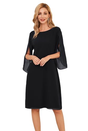 Damen Chiffon Kleid 3/4 Ärmel Casual Sommer Kleid Festlich Hochzeitkleid Loose Fit Elegant Cocktailkleid S Schwarz CLK041A23-01 von GRACE KARIN