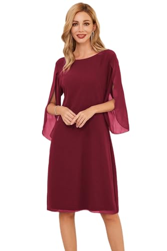 Kleid Damen Chiffon Kleid 3/4 Ärmel Casual Sommer Kleid Festlich Hochzeitkleid Loose Fit Elegant Cocktailkleid S Weinrot CLK041A23-11 von GRACE KARIN