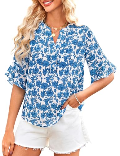 Damen Chiffon Lose Bluse Fließende Fledermaus Bluse Smart Casual Klassische Bluse Shirt 2025 Sommer Urlaub Strand Oberteile Dunkelblau M von GRACE KARIN