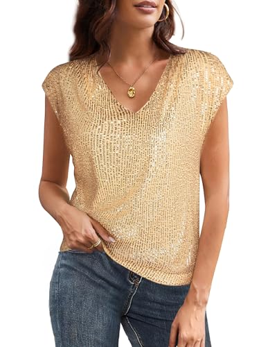 Damen Cocktailbluse Elegant Funkelnde Pailletten Tunika V-Auschnitt Kuzre Ärmel Shirt Glitzer Oberteile für Kleid Tops Golden Gelb XXL von GRACE KARIN