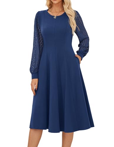 Damen Cocktailkleid Formell Midikleid Rundhals A-Linien Swing Business Kleid Spitze Langarm Sommerkleid Abendkleid Marineblau M von GRACE KARIN