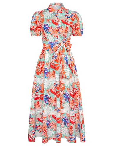 Damen Dünne Kurzarm Partykleid Elegant V-Ausschnitt A-Linie Maxi Kleid Langes Swing Blumenkleid mit Tasche High Waist Strandkleid Rote Blätter-Grün XL von GRACE KARIN