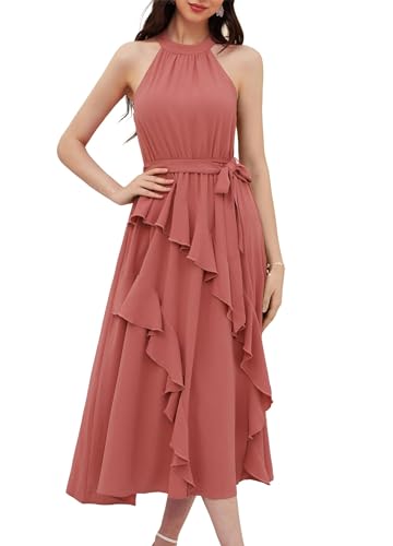 Damen Einfarbige Hochzeitsgast Kleid Swing A-Linie Blumenkleid mit Rüschen Fließend Freizeitkleid Leicht Urlaub Strand Kleid Rosa L von GRACE KARIN