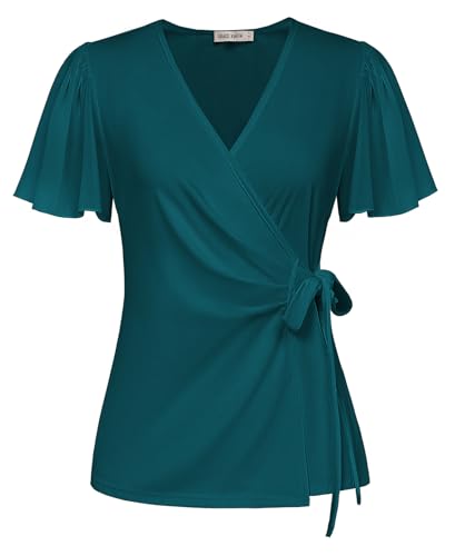 Damen Einfarbige Wickelbluse mit Binde Leicht Sommer Shirt Chiffon Kurzarm Klassischer Arbeit Business Top Blau Grün XXL von GRACE KARIN