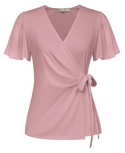 Damen Einfarbige Wickelbluse mit Binde Leicht Sommer Shirt Chiffon Kurzarm Klassischer Arbeit Business Top Rosa XXL von GRACE KARIN