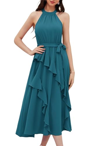 Damen Lange Abendkleid Neckholder Elegant Cocktailkleid A-Linie Rüschen Maxikleid Abschlussball Ballkleid mit Gürtel Blau L von GRACE KARIN