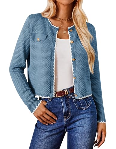 Damen Elastische Strickjacke 2024 Langarm Büro Jacke Slim Fit Shrug Retro Rundhals Strickjacke Lässige Cardigan Solid Shrug Blau M von GRACE KARIN