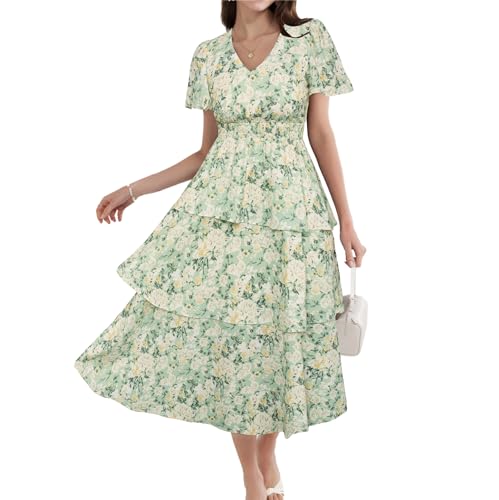 Damen Elastische Taille Blumenmuster A-Linien Swing Kleid Party Cocktail Schwimmbad Urlaub Boho Kleid XL Weiße Blumen-Grün Damen Elastische Taille Blumenmuster A-Linien Swing Kleid Party Cocktail Schwimmbad Urlaub Boho Kleid XL Weiße Blumen-Grün von GRACE KARIN