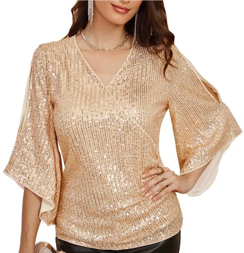 Damen Elegant Bluse Langarm Loose Fit Rundhals Freizeit Netzoberteil Sommer Tops Oberteile Sekt Pailletten XL 2151 von GRACE KARIN
