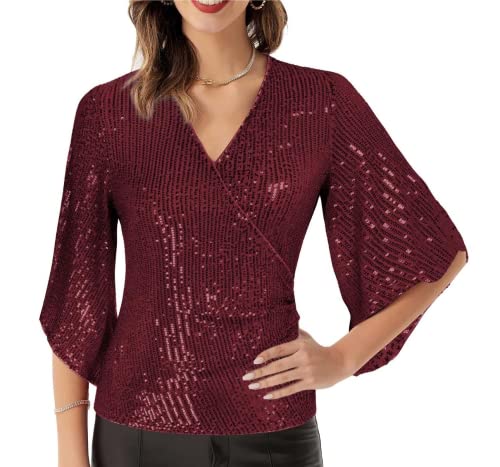 Damen Elegant Bluse Langarm Loose Fit Rundhals Freizeit Tops Oberteile Festliche Rot Sommer Pailletten S 2151 von GRACE KARIN
