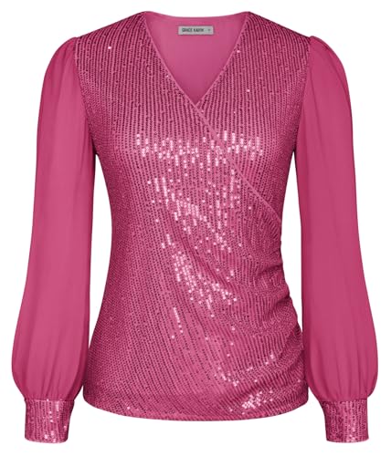 Damen Elegant Bluse Langarm Loose Fit V-Ausschnitt Freizeit Herbst Winter Tops Oberteile Solid Tunika Kostüm Party Top Rose Rot S von GRACE KARIN