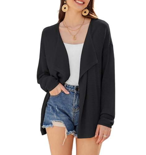 Damen Elegant Casual Strickjacke Solid Langarm Cardigan Leicht Strickmantel Schwarz S von GRACE KARIN