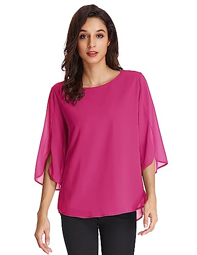 Damen Elegant Chiffon Bluse 3/4 Ärmel Oberteile Langarmshirt Rundhals Tops Casual Shirt 2XL Rosa Rot CLAF15-56 von GRACE KARIN