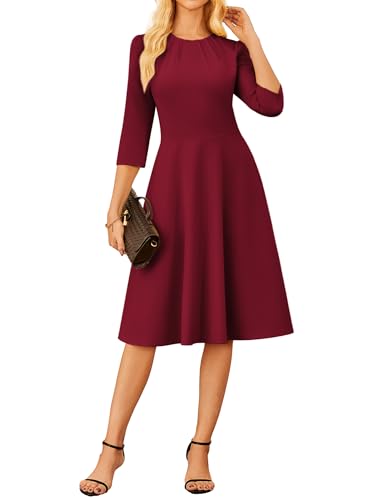 Damen Elegant Cocktailkleid Vintage 3/4 Ärmel Hohe Taille A-Linie Midikleid M Weinrot von GRACE KARIN