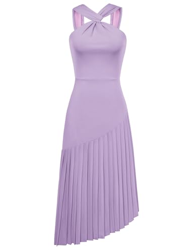 Damen Elegant Einfarbig Sommerkleid A-Linie Neckholder Freizeitkleid Ärmellos Maxikleid mit Faltenrock Helles Lila 48 von GRACE KARIN