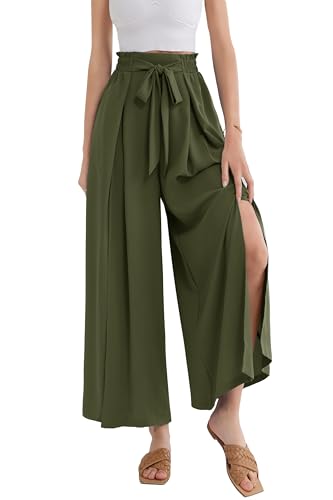 Damen Elegant Hohe Taille Palazzo Hose Sommer Loose Hose Mit Taschen Olivgrün S von GRACE KARIN