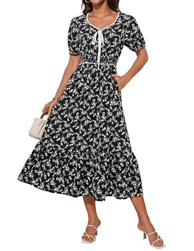 Damen Elegant Kurzarm Midikleid A Linien V-Ausschnitt Blumenkleid Festlich Kleid Sommerkleid Schwarz-Weiße Blumen M von GRACE KARIN
