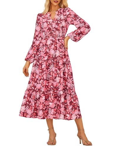 Damen Elegant Langarm Kleid Maxikleid V-Ausschnitt A-Linie Kleid Vintage Blumenkleid Festlich Rosa-Weiße Blumen XL von GRACE KARIN