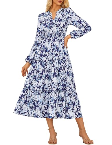 Damen Langarm Kleider Hochzeitsgast Maxikleid Elegant Blumenkleid V-Ausschnitt A-Linie Herbst Kleid Blau-Weiße Blumen M von GRACE KARIN