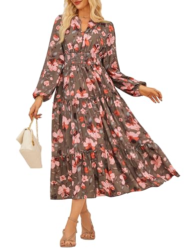 Damen Langarm Kleider Hochzeitsgast Maxikleid Elegant Blumenkleid V-Ausschnitt A-Linie Herbst Kleid Rosa-Orange Blumen M von GRACE KARIN