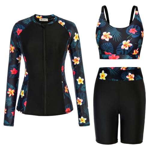 Damen Elegant Locker Passform Bequemes Badeanzug High Waist Beachwear Badeanzug mit Zwei Trägern Rote Blumen auf Schwarz XXL von GRACE KARIN