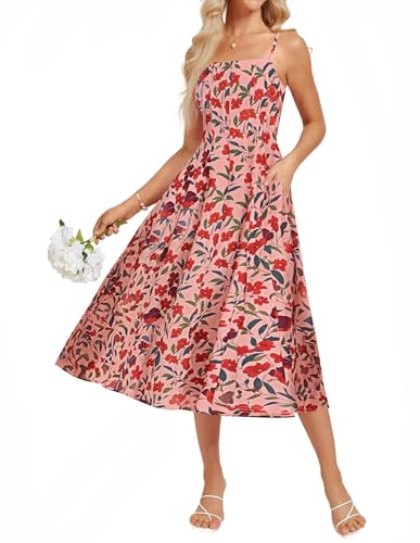 Damen Elegant Midikleid Ärmellos Blumenkleid Kleid Hochzeitsgast Trägerkleid A-Linie Strandkleider Rosa mit Roten Blumen L von GRACE KARIN