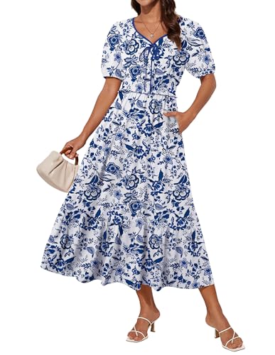 Damen Elegant Midikleid Kurzarm V-Ausschnitt Blumenkleid A Linien Hochzeitsgast Kleid Sommerkleid Blau-weißes Porzellanmuster XL von GRACE KARIN