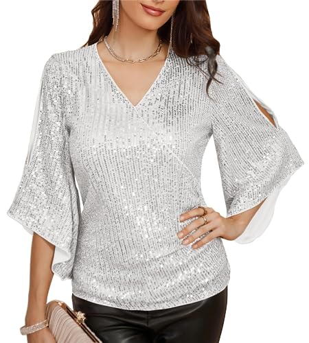 Damen Elegant Pailletten Bluse Loose Fit Casual Tops Elegant Blusenrock Party Oberteile Silber Weiss Pailletten S 2151 von GRACE KARIN