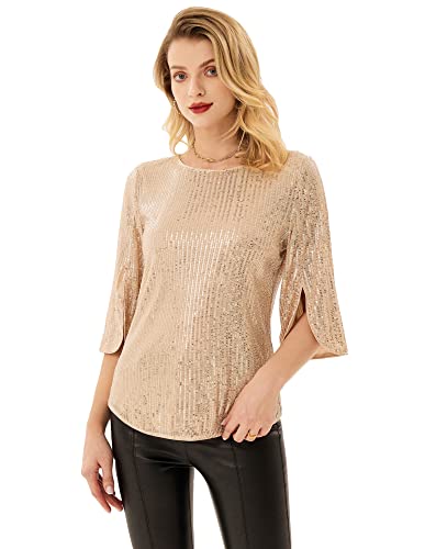 Damen Elegant Pailletten Bluse Loose Fit Casual Tops Elegant Oberteile S Gold CL1777A22-03 von GRACE KARIN