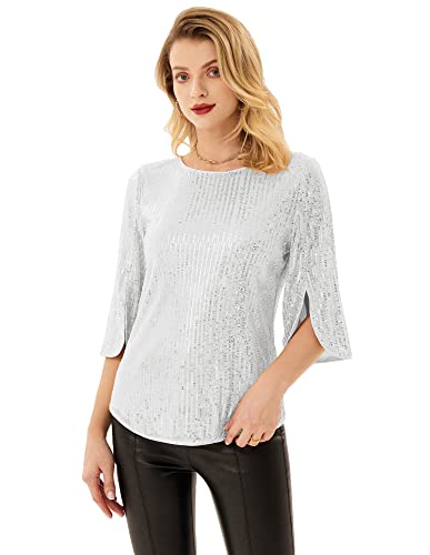 Damen Elegant Pailletten Bluse Loose Fit Casual Tops Elegant Oberteile S Silber CL1777A22-02 von GRACE KARIN