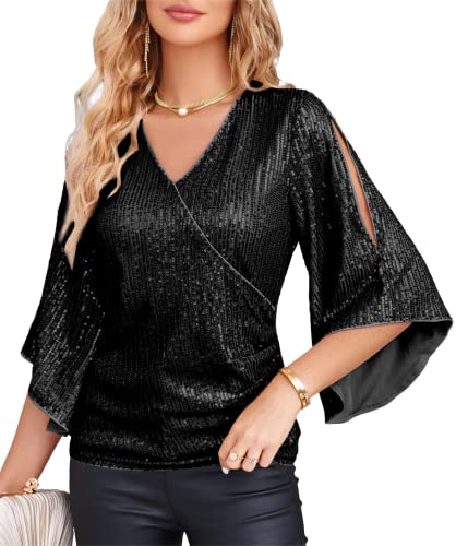 Damen Elegant Pailletten Oberteile Rundhals 3/4 Ärmel Loose Fit Casual Glitzer Oberteile Party Tops Schwarz Pailletten L 2151 von GRACE KARIN