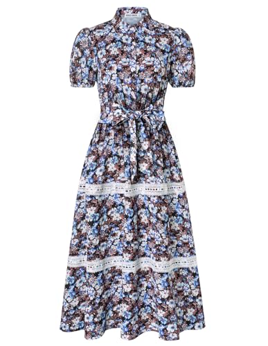 Damen Elegant Sommer Lightweight Fließendes Blumenkleid Lässiges Kurzarm A-Linie Strand Urlaub Hochzeit Sommerkleid Blaue Blumen-Schwarz S von GRACE KARIN