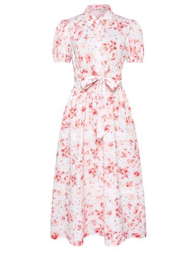 Damen Elegant Sommer Lightweight Fließendes Blumenkleid Lässiges Kurzarm A-Linie Strand Urlaub Hochzeit Sommerkleid Rosa Blumen-Weiß L von GRACE KARIN