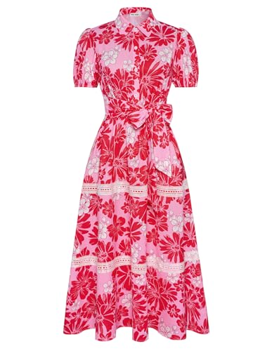 Damen Elegant Sommer Lightweight Fließendes Blumenkleid Lässiges Kurzarm A-Linie Strand Urlaub Hochzeit Sommerkleid Rote Blumen-Rosa XL von GRACE KARIN