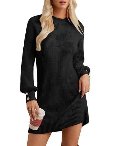 Damen Elegant Strickkleid mit Stehkragen Laternärmel Pulloverkleid für Winter Herbstkleid Mini Kleid Schwarz L von GRACE KARIN