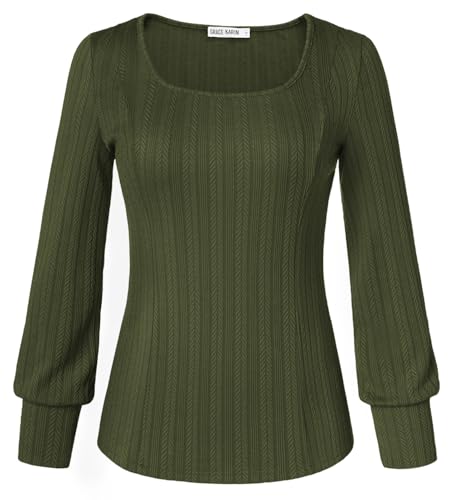 Damen Elegant Strickpullover Herbst Quadratischer Kragen Tunika Langarm Sweateshirt L Armeegrün von GRACE KARIN