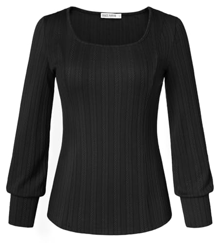 Damen Elegant Strickpullover Herbst Quadratischer Kragen Tunika Langarm Sweateshirt L Schwarz von GRACE KARIN