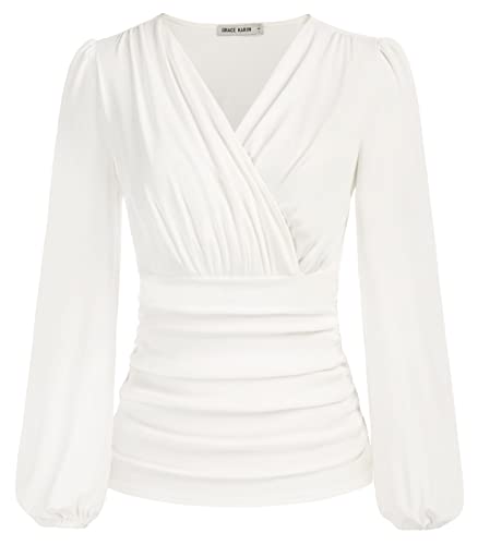 Damen Elegant T-Shirt Langarm V-Ausschnitt Einfarbig Slim Fit Plissee-Tops Tunika Blusen CL1341A22-04_2XL von GRACE KARIN