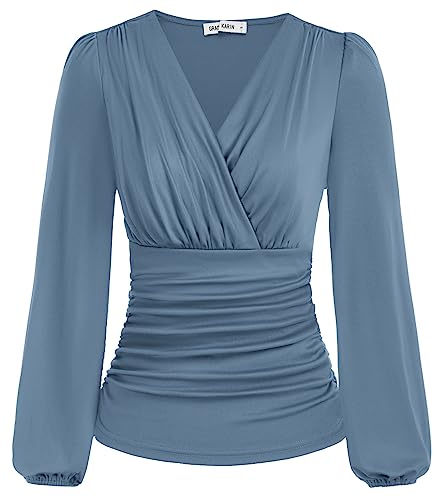 GRACE KARIN Damen Elegant T-Shirt Langarm V-Ausschnitt Einfarbig Slim Fit Plissee-Tops Tunika Blusen Grau Blau XXL von GRACE KARIN