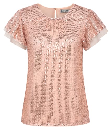 Damen Elegant Top T-Shirt Glitze Pailletten Abendparty Banquet Ball Tops Rose Gold S von GRACE KARIN