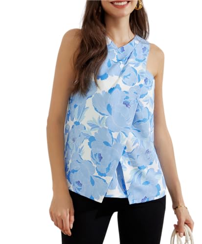 Damen Elegant Weste Shirt Neckholder Camisole Überkreuzter Vorderseite Oberteile Chiffon Blusentop Party Cocktail Blau auf Weiß 38 von GRACE KARIN