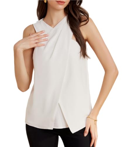 Damen Elegant Weste Shirt Neckholder Camisole Überkreuzter Vorderseite Oberteile Chiffon Blusentop Party Cocktail Weiß 38 von GRACE KARIN